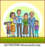 Big Happy Asian Family. Parents with Children.