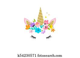 enhörning, huvud, med, blomstrar, -, kort, och, skjorta, design