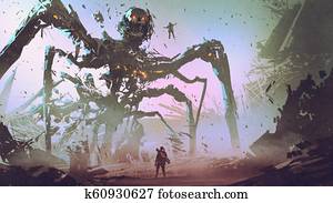 facing the giant spider robot facing the giant spider robot