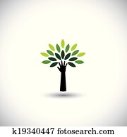 mano humana, y, árbol, icono, con, hojas verdes, -, eco, concepto, vector