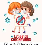 coronavirus, poszter, tervezés, noha, 2 lány, hord álarc