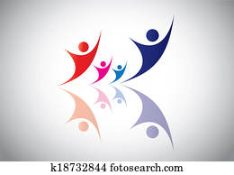 heureux, jeune famille, couple, &, enfants, dans, joie, &, happiness., homme, femme, épouse, et, gosses, de, différent, couleur, célébrer, événement, ou, occasion, ensemble, ?, vacances, bonheur, ou, reussite, concept, illustration, art