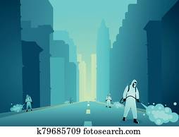 Man in protective suit spraying disinfectant in empty city Man in protective suit spraying disinfectant in empty city