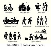 trabalhadores sociais, figura vara, pictograma, icons.