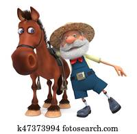 3d, דוגמה, an, מזדקן, חקלאי, רכוב, a, סוס