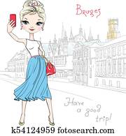 Cute hipster girl makes selfie in Bruges, Belgium Cute hipster girl makes selfie in Bruges, Belgium