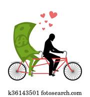 Money for bike. Lovers of cycling. Man rolls dollar on tandem. Joint walk with cash. Romantic date currency. Romantic financial illustration