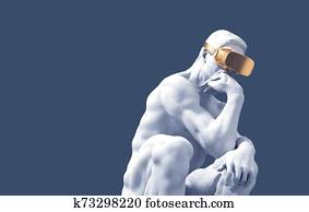 Sculpture Thinker With Golden VR Glasses Over Blue Background Sculpture Thinker With Golden VR Glasses Over Blue Background