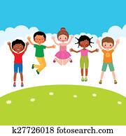groupe, de, heureux, sauter, enfants