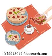 Illustration of delicious strawberry pie and herbal tea pouring in teacup from glass teapot held by hands. Cartoon tea party with homemade baking. Illustration of delicious strawberry pie and herbal tea pouring in teacup from glass teapot held by hands. Cartoon tea party with homemade baking.