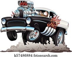 קלאסי, אמריקאי, שנות החמשים, סיגנון, מוט חם, מכונית מצחיקה, ציור היתולי, עם, גדול, engine,, flames,, לעשן, tires,, לקפוץ, a, wheelie,, וקטור, דוגמה