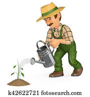 3D Gardener watering a small plant. Growth concept 3D Gardener watering a small plant. Growth concept