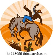 cowboy falling off horse in the desert done in retro woodcut style. cowboy falling off horse in the desert done in retro woodcut style.