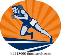 Marathon runner on track with sunburst viewed from an extremely low angle. Marathon runner on track with sunburst viewed from an extremely low angle.