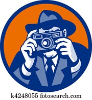 Photographer with fedora hat aiming retro slr camera done in retro style Photographer with fedora hat aiming retro slr camera done in retro style