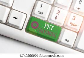 Word writing text Pet Grooming. Business concept for hygienic care and enhancing the appearance of the pets White pc keyboard with empty note paper above white background key copy space. Word writing text Pet Grooming. Business concept for hygienic care and enhancing the appearance of the pets White pc keyboard with empty note paper above white background key copy space.