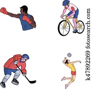 ciclismo, boxeo, hockey sobre hielo, volleyball., deporte, conjunto, colección, iconos, en, caricatura, estilo, vector, símbolo, ilustración común, web.