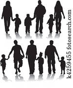vektor, silhouettes, av, föräldrar, med, barn