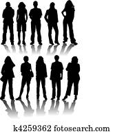 vetorial, silhuetas, homem, e, mulheres