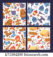 camping, wandern, aufkleber, seamless, muster, illustration., karikatur, tourismus, ausrüstung, für, reisen, wallpaper.