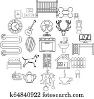 cozy, lar, ícones, jogo, esboço, estilo