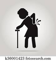 Elderly Woman with stick and injury of the back pain icon. Elderly Woman with stick and injury of the back pain icon.