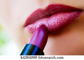 macro, vista, de, femininas, lábios, e, batom vermelho