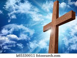 resurrección, o, crucifixion., de madera, cruz, en, cielo, plano de fondo, con, clouds., cristiano, pascua, concept., 3d, ilustración