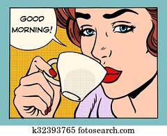 guten morgen, frau, mit, tasse kaffee