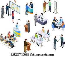 Isometric meeting. Business people on presentation conference. Team work process at table. 3d businessmen training vector set Isometric meeting. Business people on presentation conference. Team work process at table. 3d businessmen training vector set