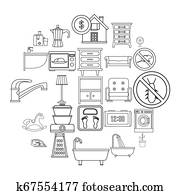 confortável, casa, ícones, jogo, esboço, estilo