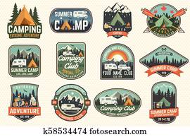 satz, von, sommerlager, badges., vector., begriff, für, hemd, oder, logo,, print,, stamp,, fleck, oder, tee. satz, von, sommerlager, badges., vector., begriff, für, hemd, oder, logo,, print,, stamp,, fleck, oder, tee.