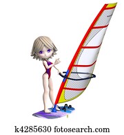 sweet cartoon girl standing on a surfboard. 3D rendering with clipping path and shadow over white sweet cartoon girl standing on a surfboard. 3D rendering with clipping path and shadow over white