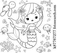 יפה, בתולת ים, ו, ים, animals., וקטור, לבן שחור, לצבוע, עמוד