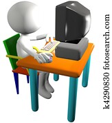 Computer user uses 3D cartoon PC side view Computer user uses 3D cartoon PC side view