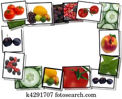 Healthy food concept, film plates with fresh food images frame on white background Healthy food concept, film plates with fresh food images frame on white background