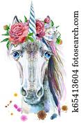 Watercolor portrait of a white unicorn with a flowers Watercolor portrait of a white unicorn with a flowers