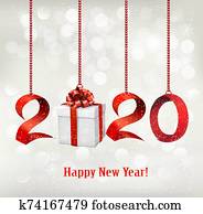 2020, ראשי שנה, רקע, עם, קופסה של מתנה, ו, אדום, ribbons., vector.