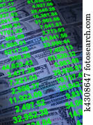 Banknotes of various dollar denominations with account transaction numbers superimposed