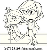 Female pediatrician examining a little girl. Vector black and white coloring page. Female pediatrician examining a little girl. Vector black and white coloring page.