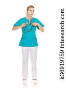 Young nursre or female doctor listen her own heart