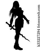 אישה, לוחם, עם, *בוער, חרב, צללית