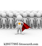 3d super hero in a raincoat and people group 3d super hero in a raincoat and people group
