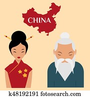 Chinese sensei old man asian elderly portrait woman person retired grandfather vector illustration