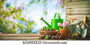 ferramentas ajardinando, e, flores mola, ligado, a, terraço