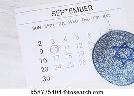 Kalender, mit, kippah., yom kippur, concept. Stock Fotografie