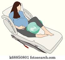 Pregnant woman in Pregnancy labor position w peanut ball on bed Pregnant woman in Pregnancy labor position w peanut ball on bed