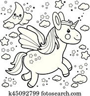 söt, enhörning, flygning, in, den, natt, sky., vektor, svartvitt, kolorit, sida