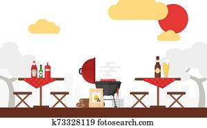 BBQ picnic vector illustration. Grilling outdoor, summer weekend, cooking on fire. Simple background in flat style. Setup for barbecue party, outdoor seating wooden tables. Cookout in courtyard BBQ picnic vector illustration. Grilling outdoor, summer weekend, cooking on fire. Simple background in flat style. Setup for barbecue party, outdoor seating wooden tables. Cookout in courtyard