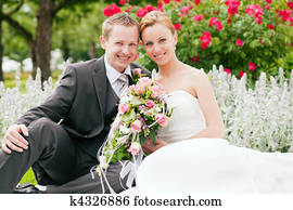 casório, -, noiva noivo, em, um, parque